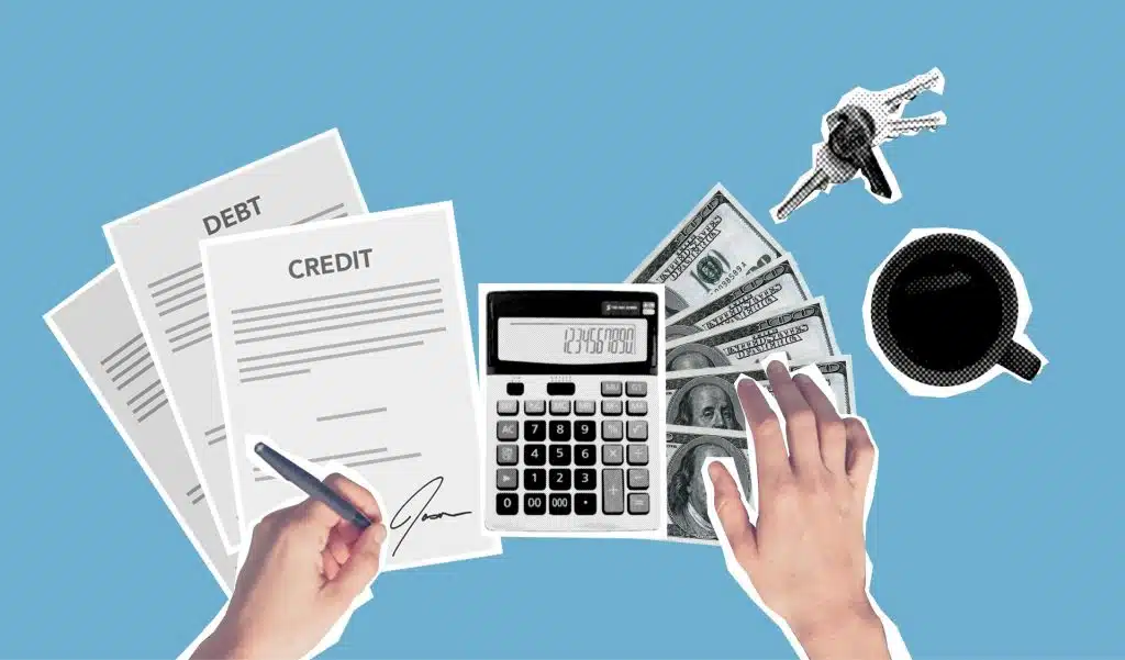 Illustration of debt and credit documents, a calculator, cash, and house keys, representing financial management and debt control.